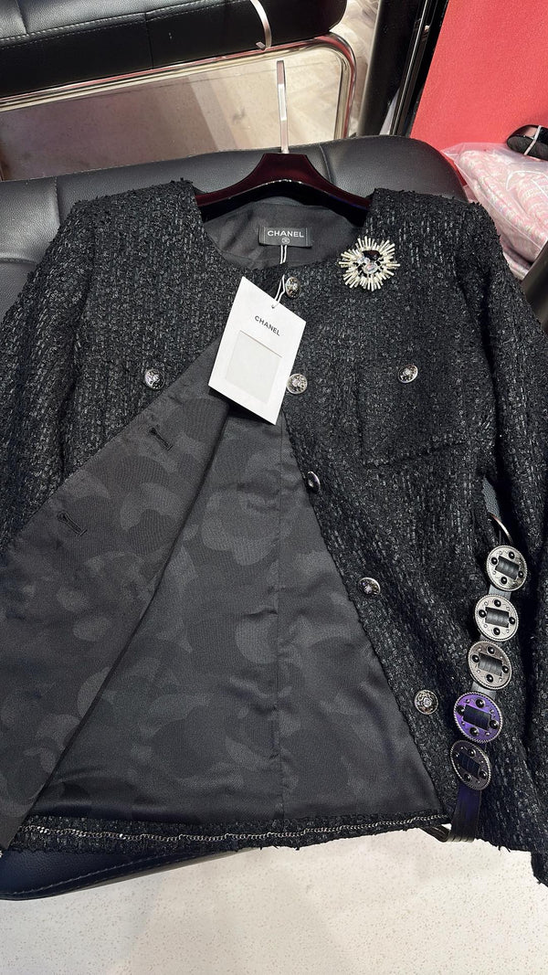 CC Brooch Tweed Chain Belt Black Jacket