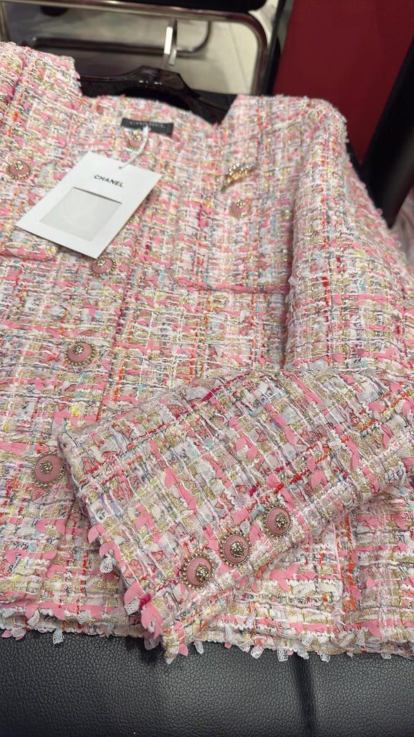 CC Brooch Tweed Pink Jacket