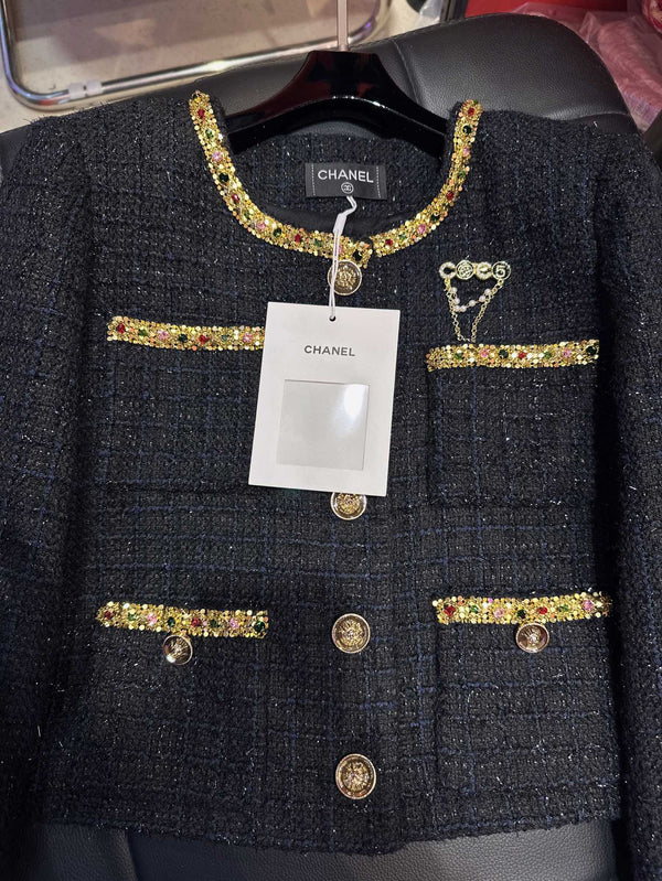 CC Brooch Tweed Gold Rhinestones Trim Black Jacket