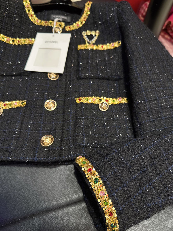 CC Brooch Tweed Gold Rhinestones Trim Black Jacket