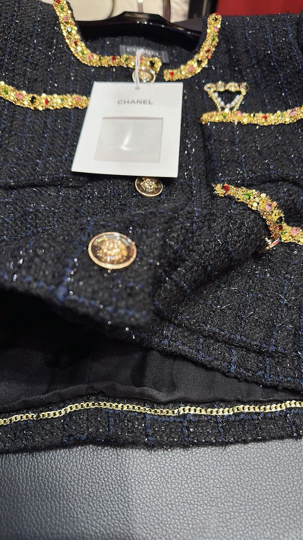 CC Brooch Tweed Gold Rhinestones Trim Black Jacket