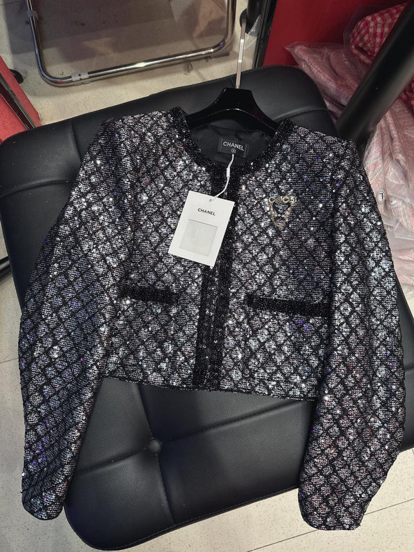 CC Plaid Jacket With Sparkling Beading and Black Stone Border