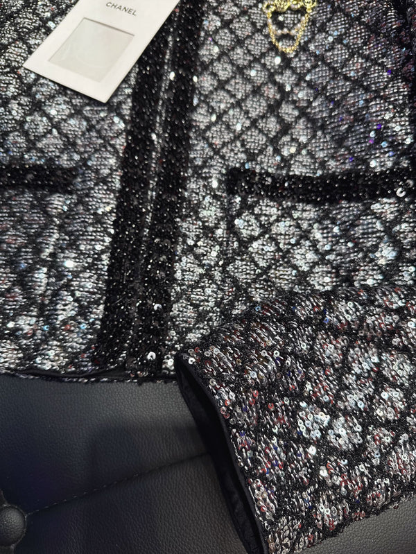 CC Plaid Jacket With Sparkling Beading and Black Stone Border