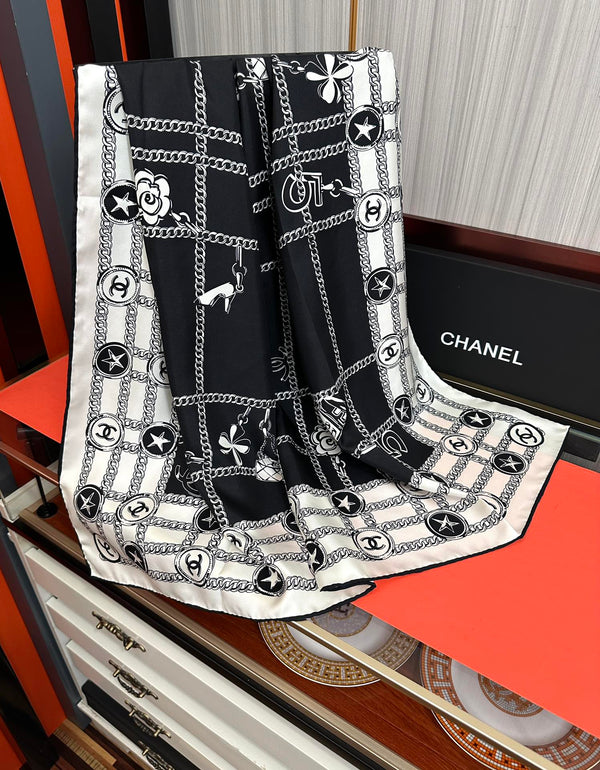 CC Square 90cm Black White Silk Scarf 828797