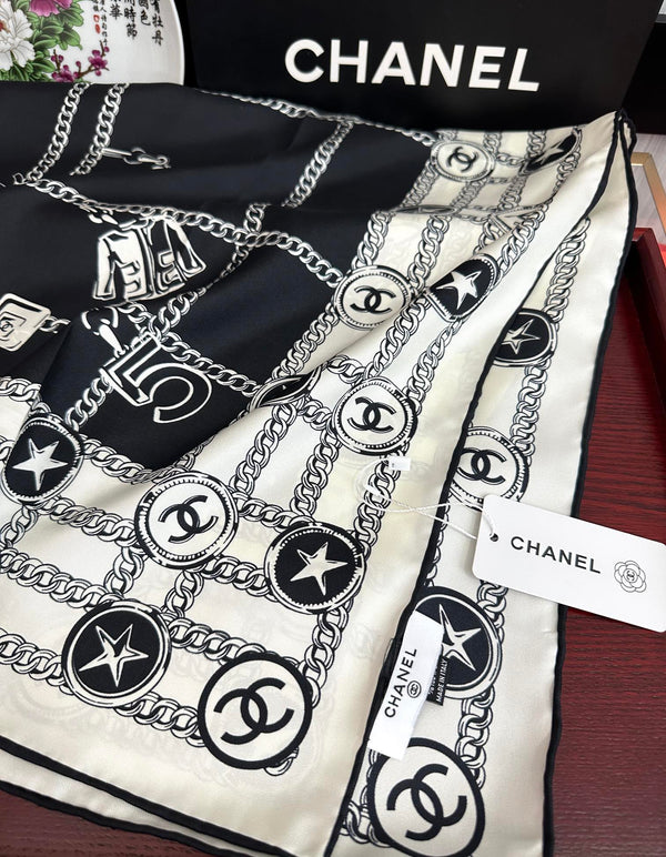 CC Square 90cm Black White Silk Scarf 828797