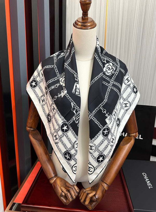 CC Square 90cm Black White Silk Scarf 828797