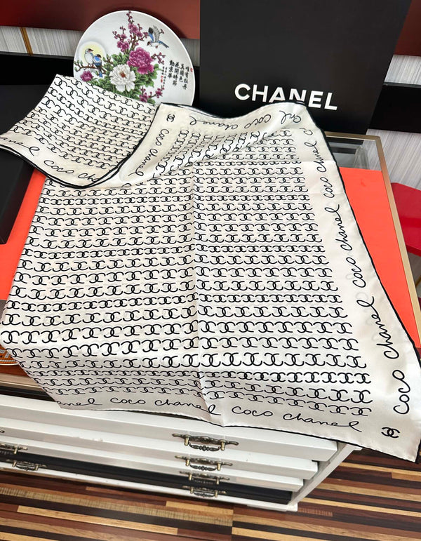 CC Square 90cm Double C White Silk Scarf 828790
