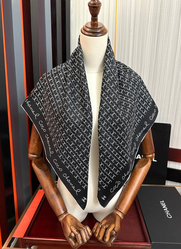 CC Square 90cm Double C Black Silk Scarf 828789