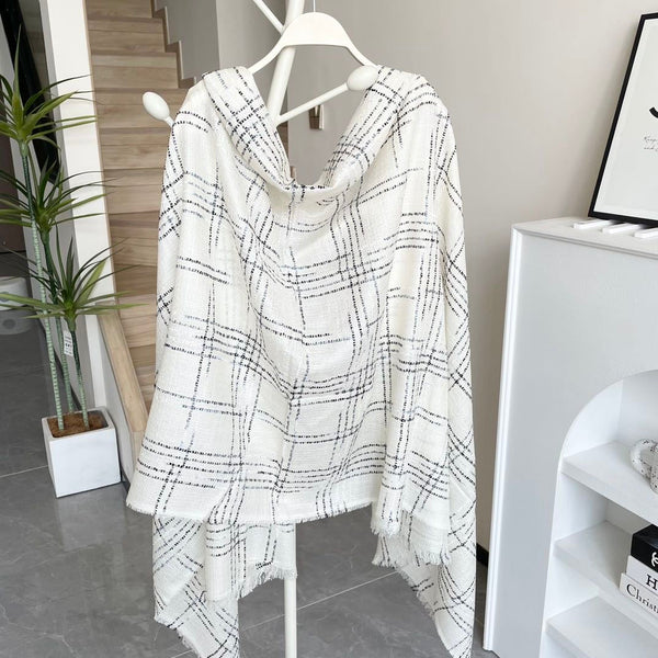 CC Plaid Long Scarf 200cm White Cashmere 828751