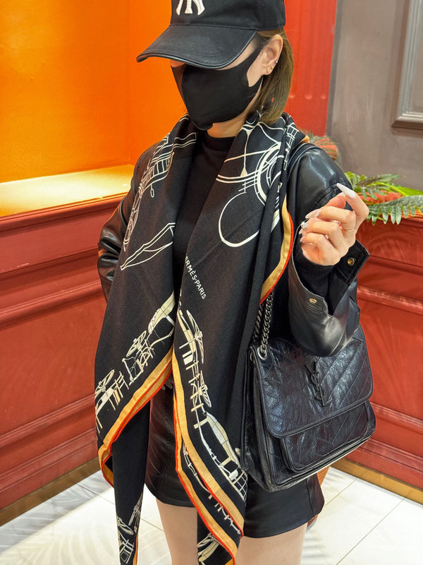 HM Double-Sided Square Scarf 140cm Black Cashmere 828710