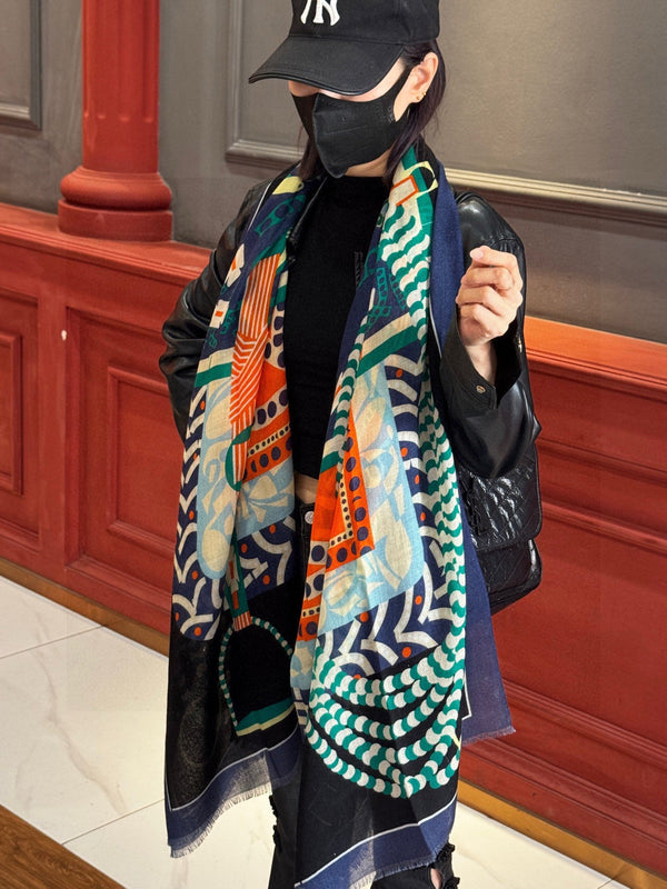 HM Saddle Long Scarf 200cm Blue Cashmere 828663