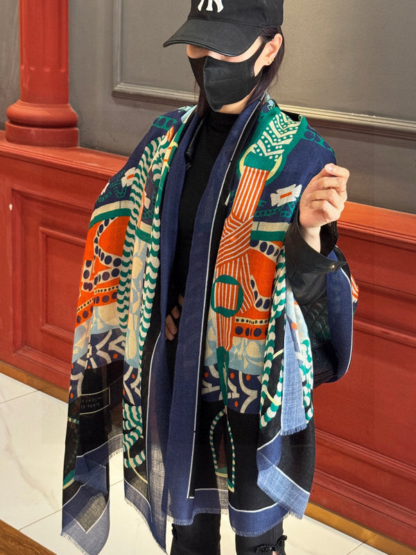 HM Saddle Long Scarf 200cm Blue Cashmere 828663