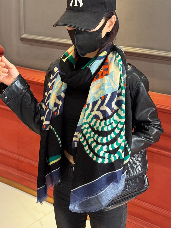 HM Saddle Long Scarf 200cm Blue Cashmere 828663