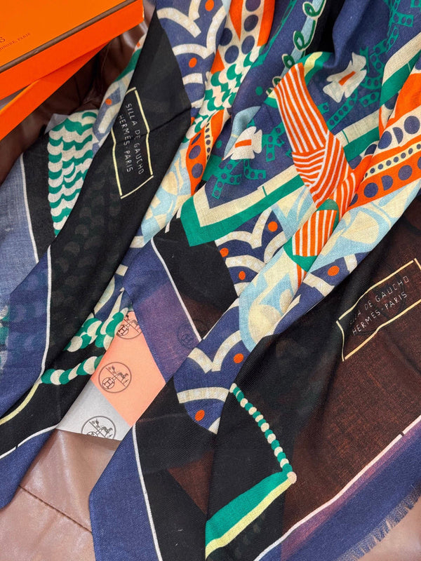 HM Saddle Long Scarf 200cm Blue Cashmere 828663