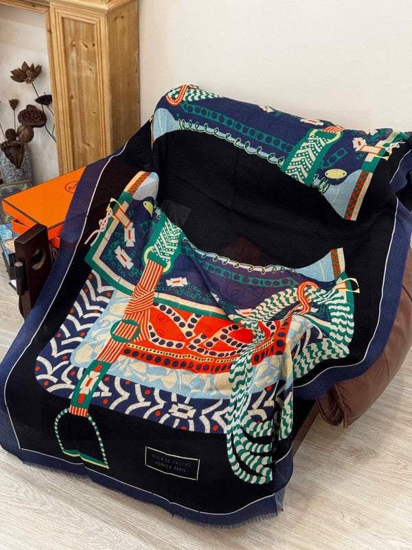 HM Saddle Long Scarf 200cm Blue Cashmere 828663