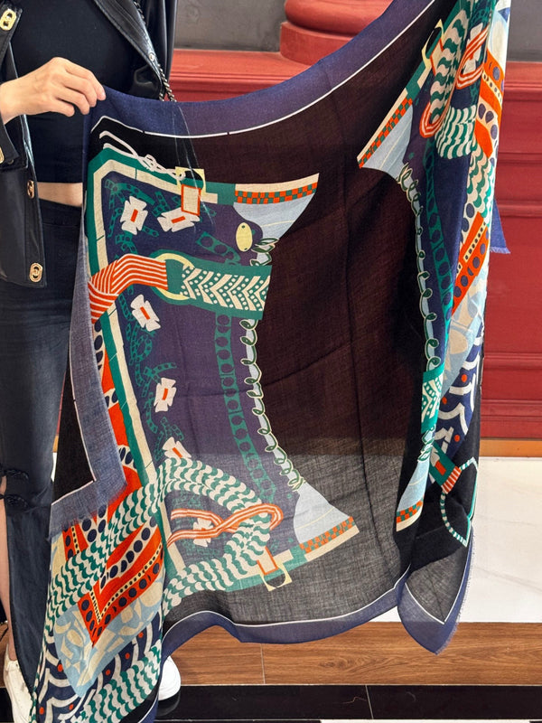 HM Saddle Long Scarf 200cm Blue Cashmere 828663