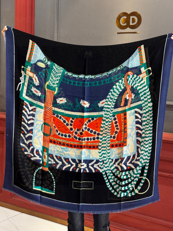 HM Saddle Long Scarf 200cm Blue Cashmere 828663