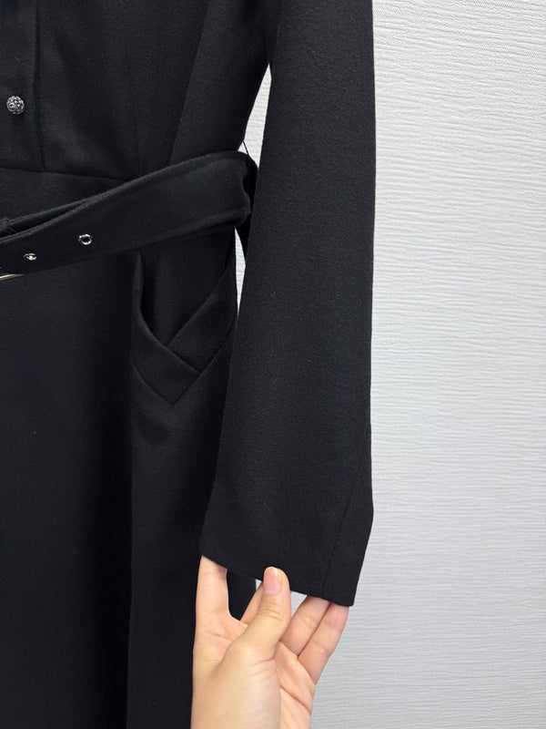 CD 25SS Long Dress With A Fabric Belt Black Wool 306575