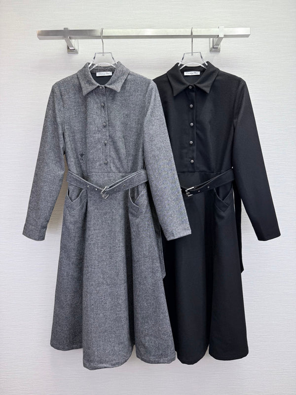 CD 25SS Long Dress With A Fabric Belt Black Wool 306575