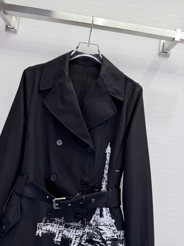 CD 25SS Eiffel Tower Long Trench Coat Black Cotton 306565