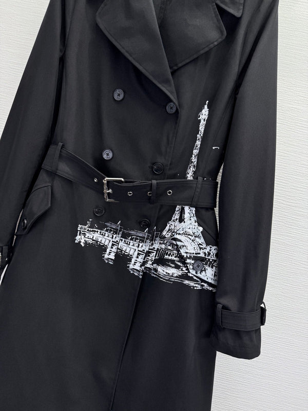 CD 25SS Eiffel Tower Long Trench Coat Black Cotton 306565