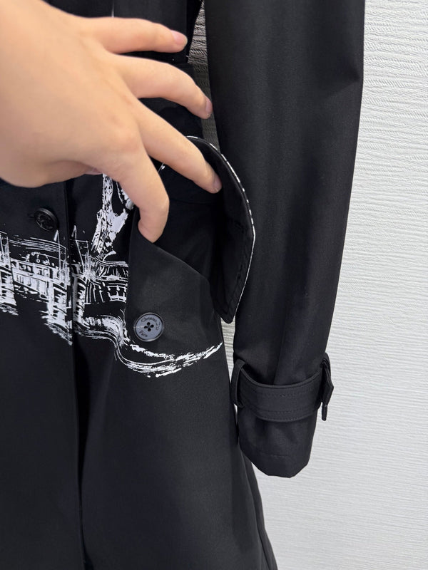 CD 25SS Eiffel Tower Long Trench Coat Black Cotton 306565