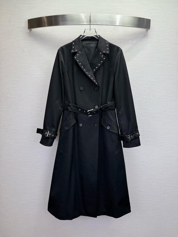 CD 25SS Long Trench Coat Collar Rivets and Bee Embroidery Black Cotton 306542