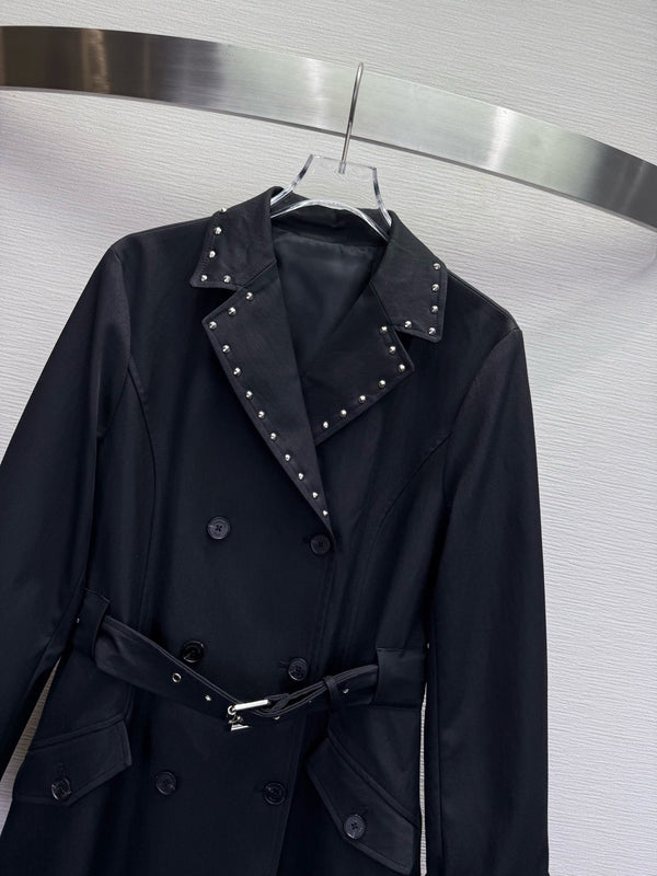 CD 25SS Long Trench Coat Collar Rivets and Bee Embroidery Black Cotton 306542