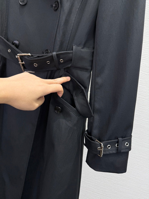 CD 25SS Long Trench Coat Collar Rivets and Bee Embroidery Black Cotton 306542