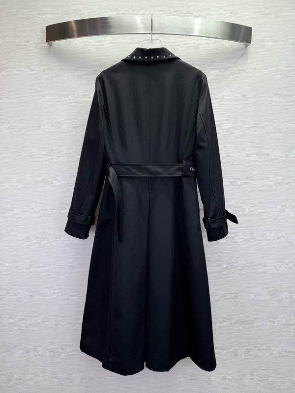 CD 25SS Long Trench Coat Collar Rivets and Bee Embroidery Black Cotton 306542
