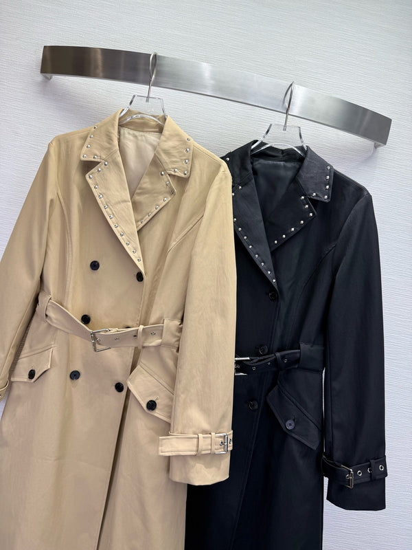 CD 25SS Long Trench Coat Collar Rivets and Bee Embroidery Black Cotton 306542