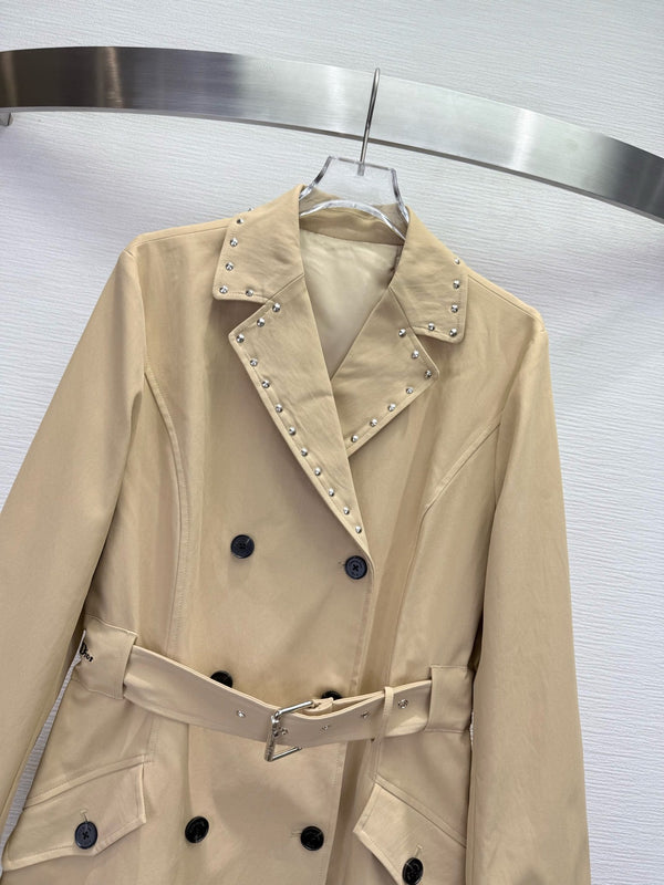CD 25SS Long Trench Coat Collar Rivets and Bee Embroidery Beige Cotton 306540