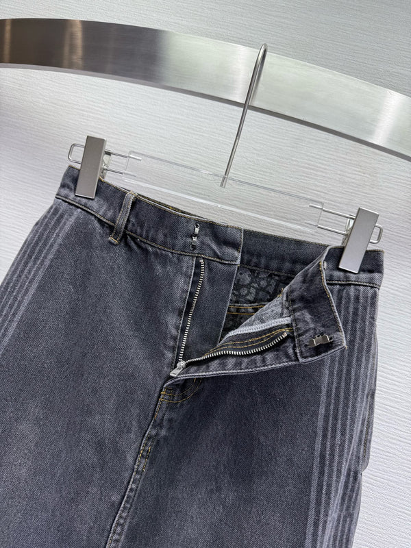 CD 25SS Laser Printed Stripe Pattern Denim Skirt Dark Gray Cotton 306522