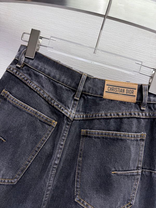 CD 25SS Laser Printed Stripe Pattern Denim Skirt Dark Gray Cotton 306522