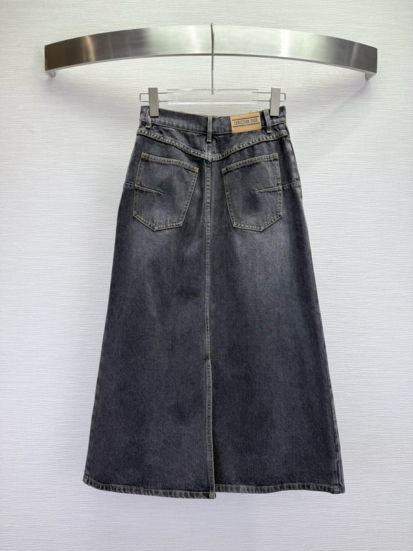 CD 25SS Laser Printed Stripe Pattern Denim Skirt Dark Gray Cotton 306522