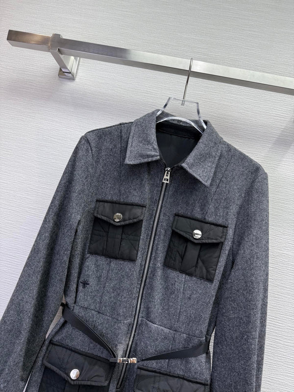 CD 25SS Lapel Middle Zipper Guilted Four Pockets Contrast Color Dress Gray Wool 304163