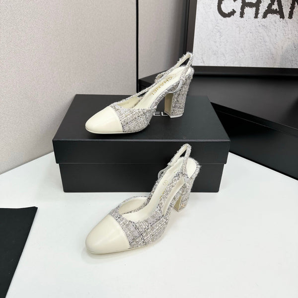 CC 25SS Classic Slingbacks 10cm High Heel White Tweed Cowhide 490183