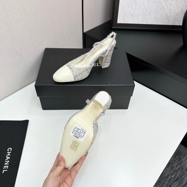 CC 25SS Classic Slingbacks 10cm High Heel White Tweed Cowhide 490183