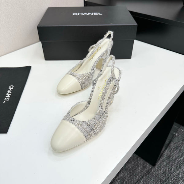CC 25SS Classic Slingbacks 10cm High Heel White Tweed Cowhide 490183