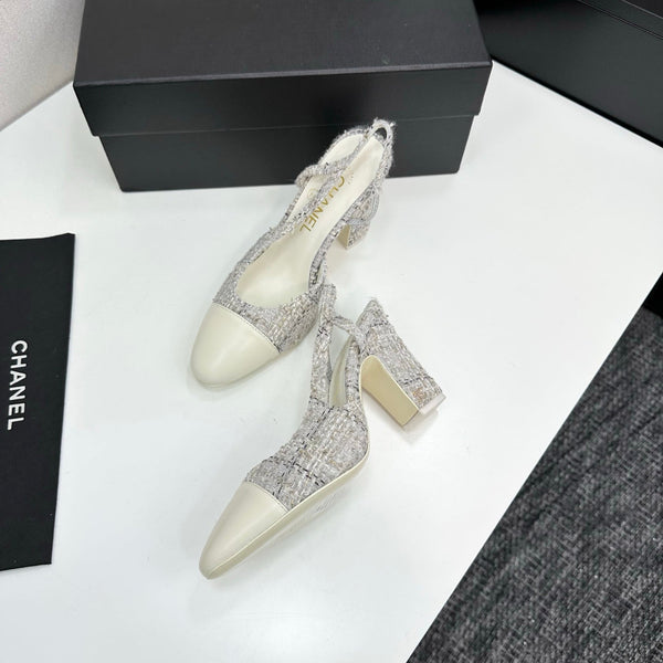 CC 25SS Classic Slingbacks 10cm High Heel White Tweed Cowhide 490183