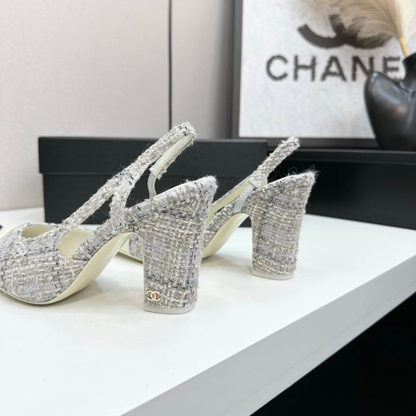 CC 25SS Classic Slingbacks 10cm High Heel White Tweed Cowhide 490183