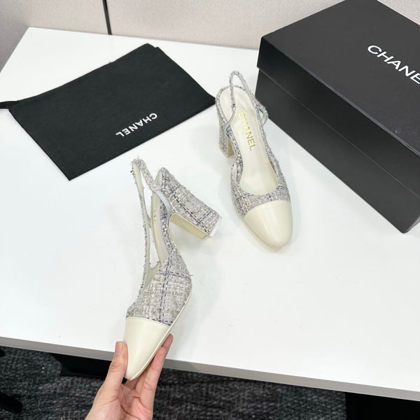 CC 25SS Classic Slingbacks 10cm High Heel White Tweed Cowhide 490183