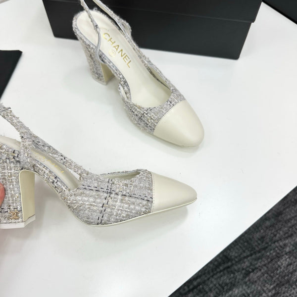 CC 25SS Classic Slingbacks 10cm High Heel White Tweed Cowhide 490183