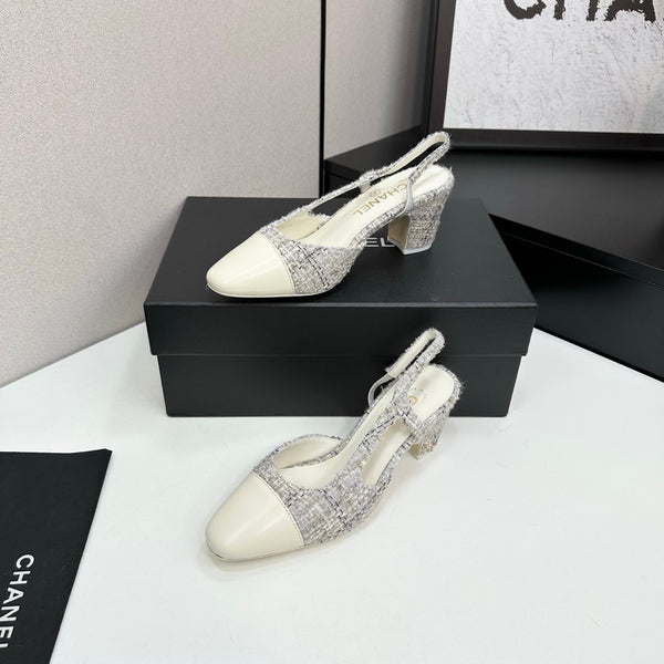 CC 25SS Classic Slingbacks 6cm High Heel White Tweed Cowhide 490182