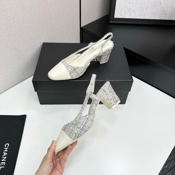 CC 25SS Classic Slingbacks 6cm High Heel White Tweed Cowhide 490182