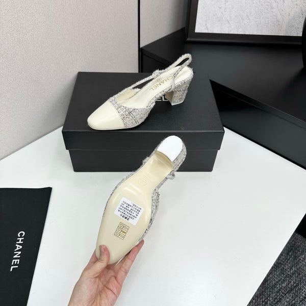 CC 25SS Classic Slingbacks 6cm High Heel White Tweed Cowhide 490182
