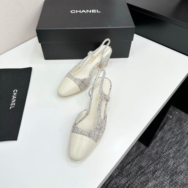 CC 25SS Classic Slingbacks 6cm High Heel White Tweed Cowhide 490182