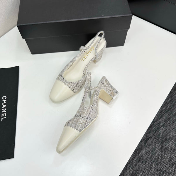 CC 25SS Classic Slingbacks 6cm High Heel White Tweed Cowhide 490182