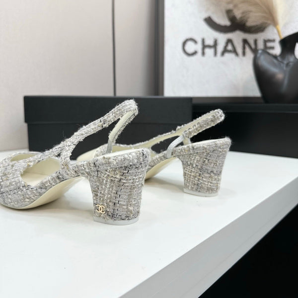 CC 25SS Classic Slingbacks 6cm High Heel White Tweed Cowhide 490182