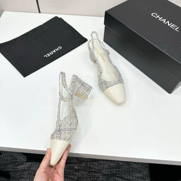 CC 25SS Classic Slingbacks 6cm High Heel White Tweed Cowhide 490182
